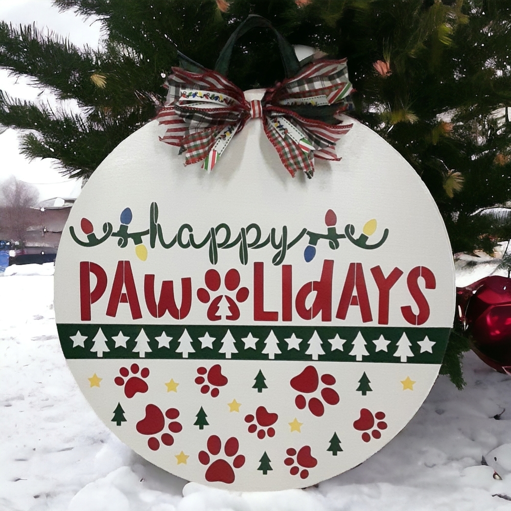 Christmas Happy Pawlidays Door Hanger Painted 16" Pawprint Sign Wall Hanging